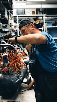 pexels-photo-32391495-32391495-2 Skilled mechanic repairing air compressor in a cluttered workshop setting.